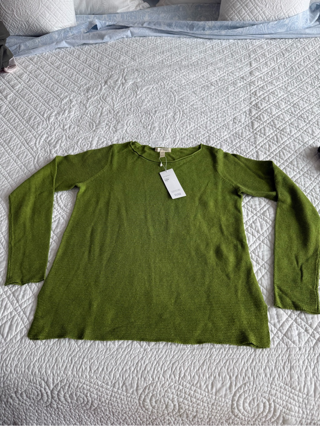Eileen Fisher Olive Green Organic Linen Long Sleeve Knit Top